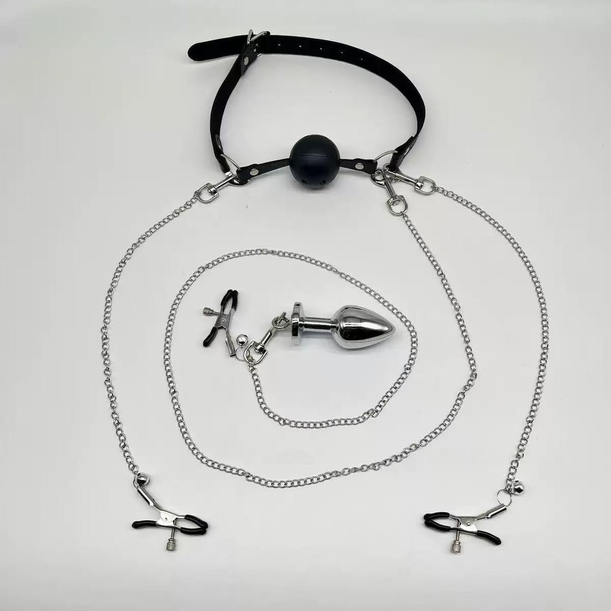 BDSM Vented Mouth Ball Gag with Nipple Clamps & Anal Toy Kit, Adjustable Black PU Leather Strap with Silver Chain, Comfortable Adult Bondage Set