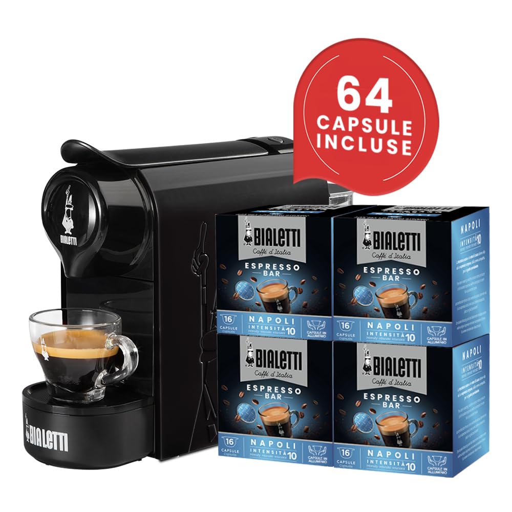 Bialetti Gioia, Macchina Caffè Espresso per Capsule in Alluminio, Incluse 64 Capsule, Fulziona Esclusivamente con Capsule, Nero