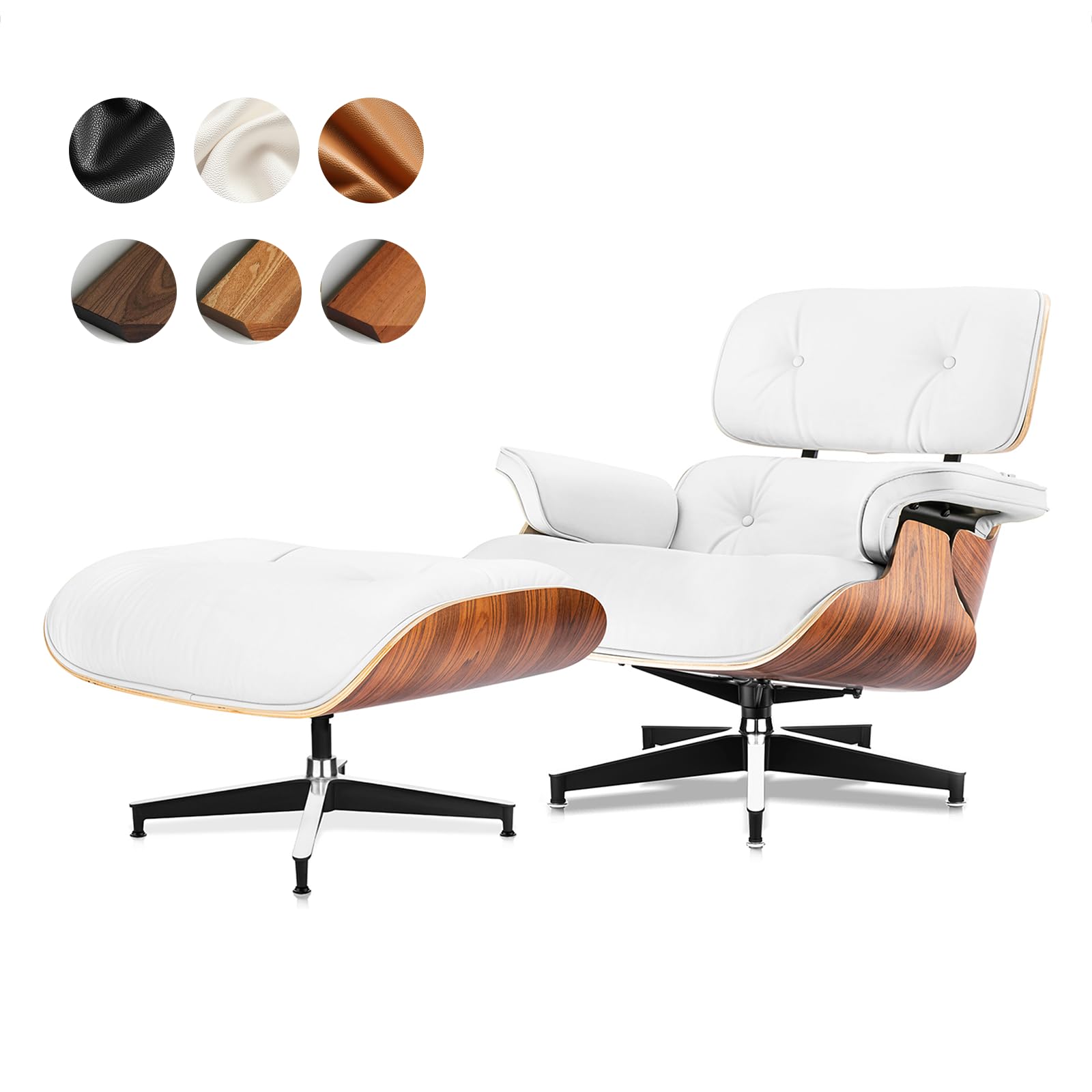 Asukale Top Grain Leather, Mid Century Chaise Lounge Chair and Ottoman, Modern Swivel Chair, Accent Chair, Classic Design, Reading Chair, Heavy Duty Base Support for Living Room, Palisander White