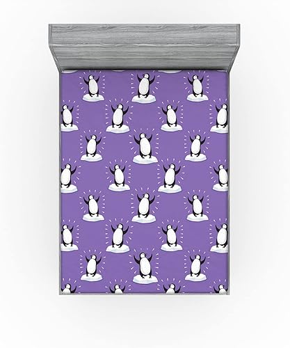 Miniatura 2 de Lunarable Cartoon Fitted Sheet Set, Arctic Vibe Funny Penguin Sketches Dancing on Iceberg Print Artwork, Bed Cover with All-Round Elastic Deep