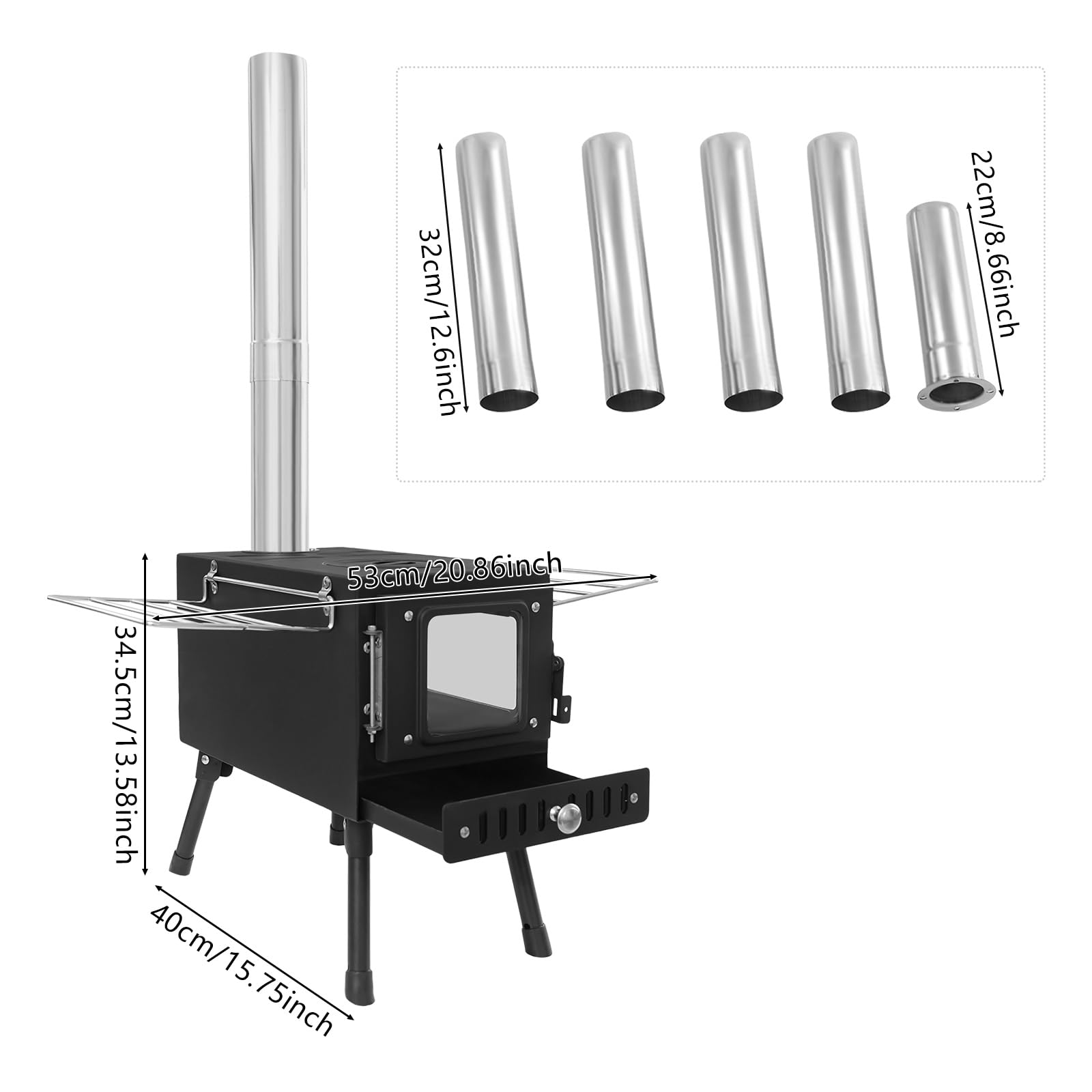 Klappbarer Camping Holzofen, Zeltofen Outdoor mit Schornstein, Tragbarer Zeltofen & Outdoor Küchenofen aus Edelstahl, 36-56cm Höhenverstellung Heizofen(35-40 kg Tragkraft)