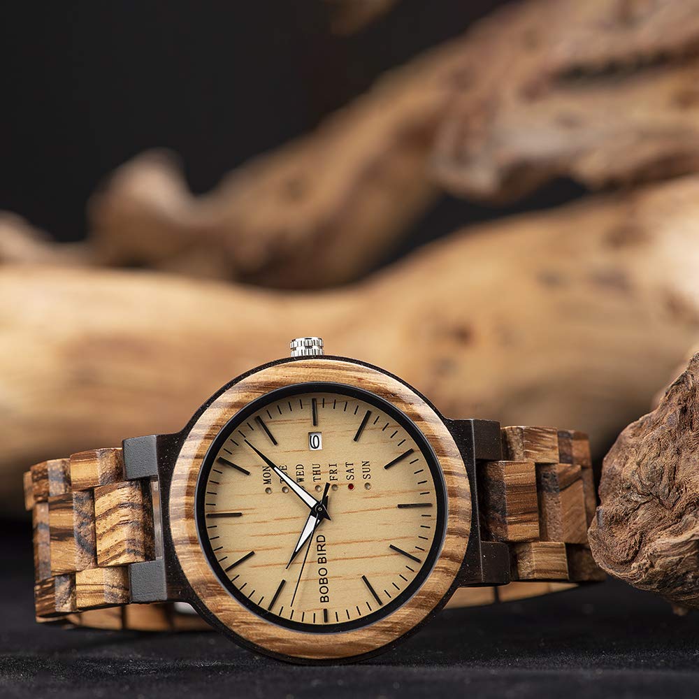 BOBO BIRD Reloj analógico de madera para hombre, de cuarzo, con visualización semanal, ligero, hecho a mano, reloj de pulsera para hombre
