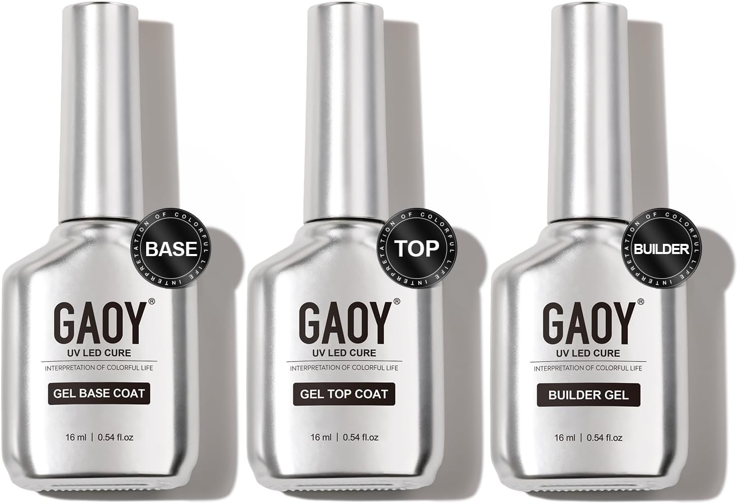 GAOY Gel Top Coat, Builder Gel and Base Coat Set, 3 Pcs 16ml Clear Glossy No Wipe Combination for UV Light Cure