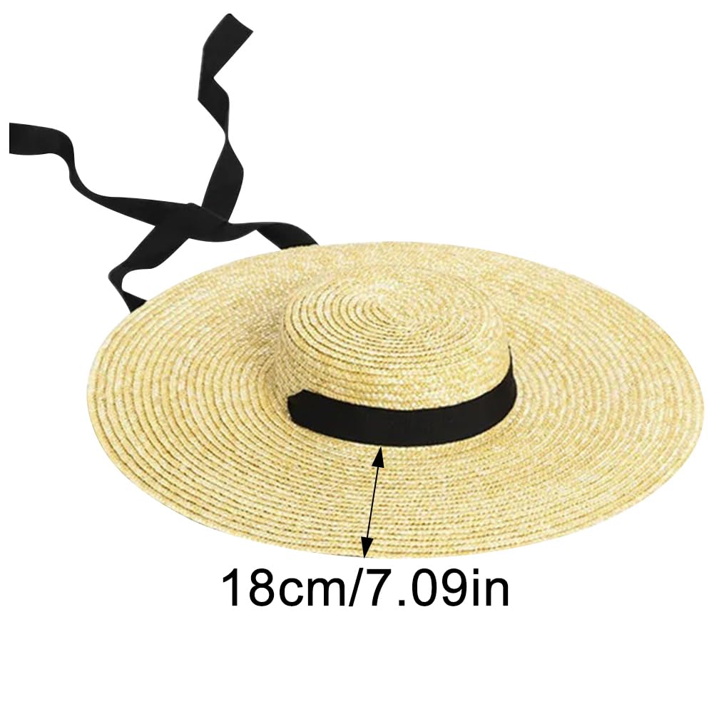 Sombreros de Paja de ala Ancha y Copa Plana para Mujer, Gorras de Playa de Verano con Visera y Cinta Larga, Sombrero canotier con Cordones