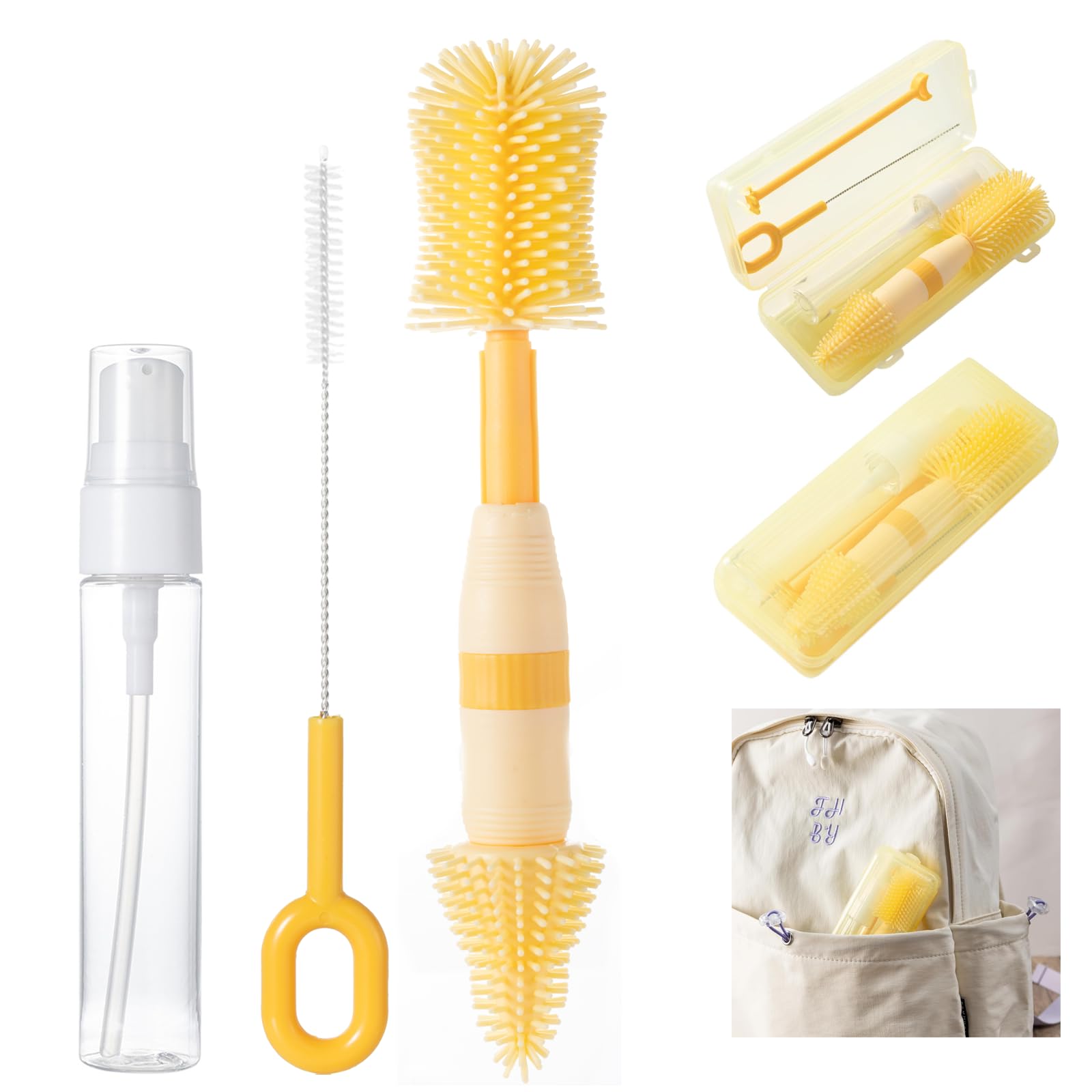 Travel Bottle Brush, 6-in-1 Portable Travel Bottle Cleaner Kit with Small Bottle Brush Built in Drying Rack, Nipple Brush, Straw Brush, Soap Dispenser, for Baby Bottles Under 8 OZ, BPA-Free(Yellow)