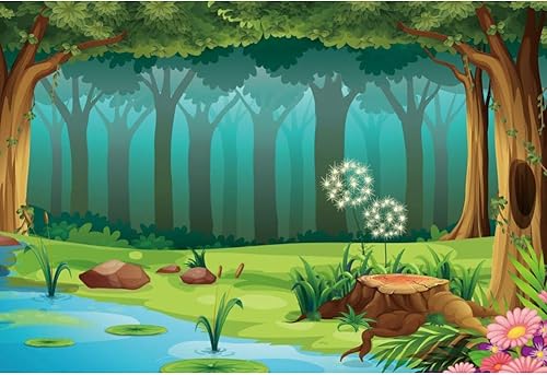 Leyiyi Fondo de fotografía de bosque encantado de 5 x 3 pies, diseño de cuento de hadas, bosque, primavera, flores, río, caricatura, telón de fondo,
