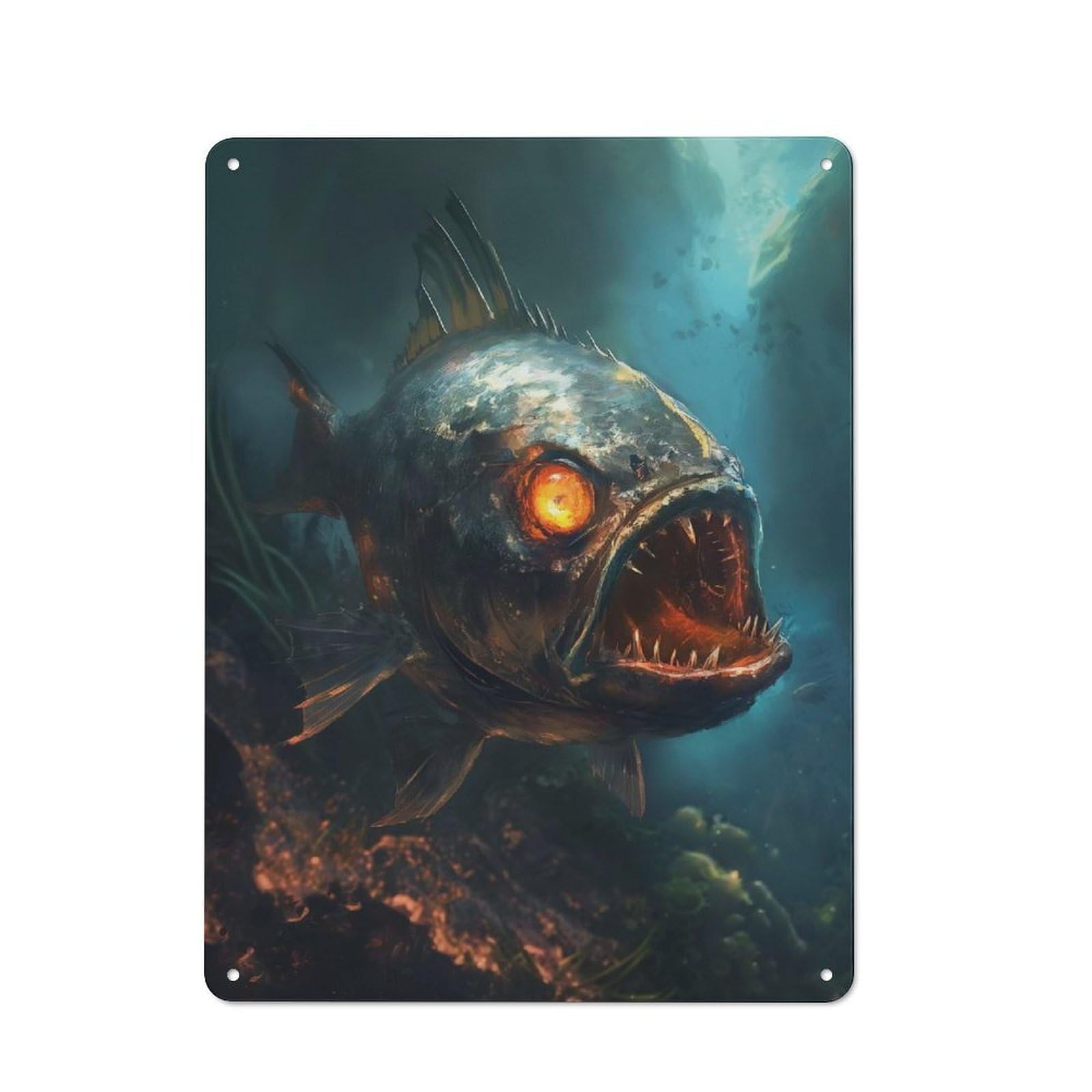 Junmoney Style-17 Retro Horror Piranha Dark Demon Vintage Metal Sign 40X30cm, Restaurant Wall Art For Coffee Bar, Small Shop Or Dining Room