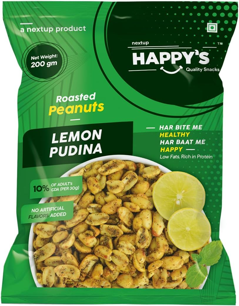 Roasted Peanuts,200 Gm| Pack Of 2| Lemon Pudina Peanuts| Low Fat| Rich In Protein| Roasted,Not Fried| No Artificial Flavors| Healthy Snack For Anytime Snacking|