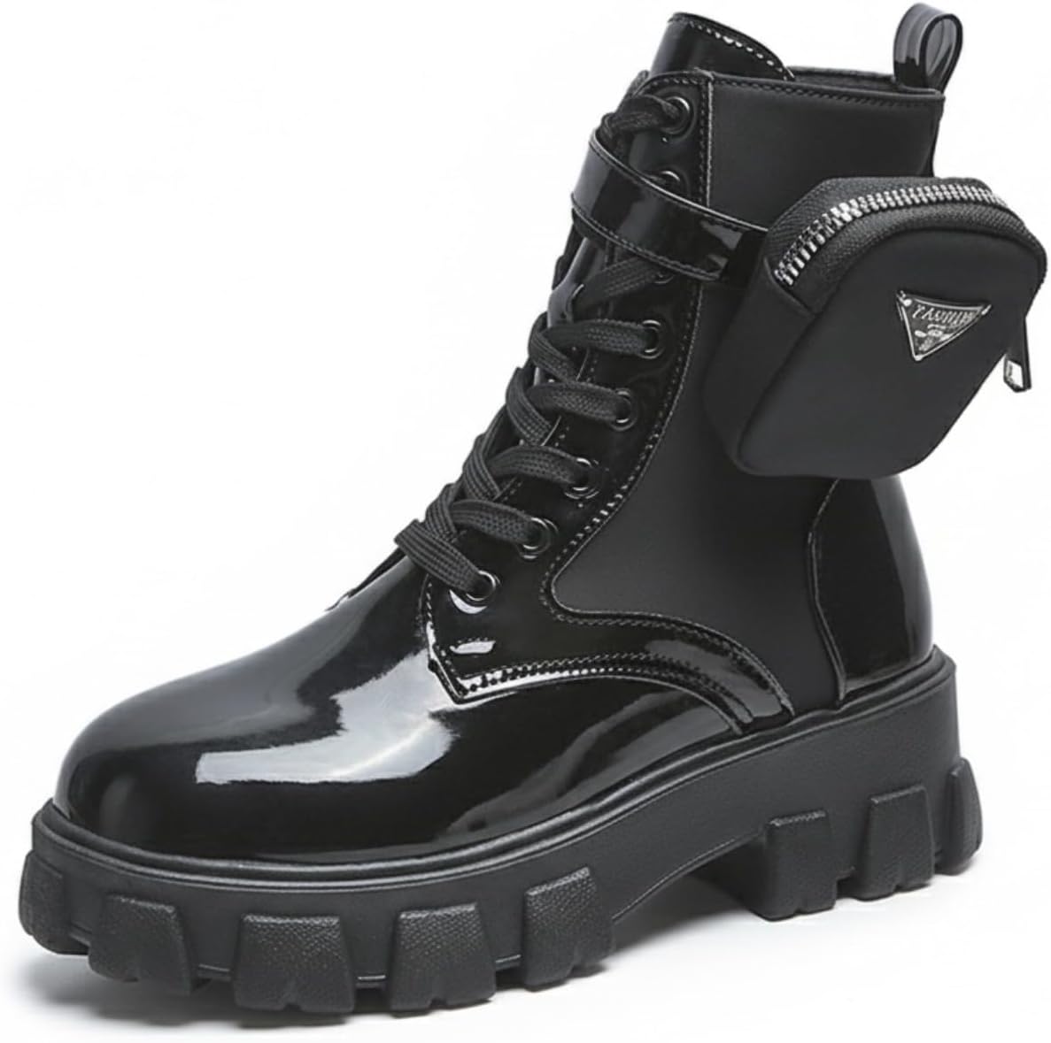 Platform Combat Boots for Women Goth Punk Moto Biker Chunky Ankle Booties with Pocket Pouch Shiny Patent Leather Lug Sole Y2K Edgy Fashion Boot