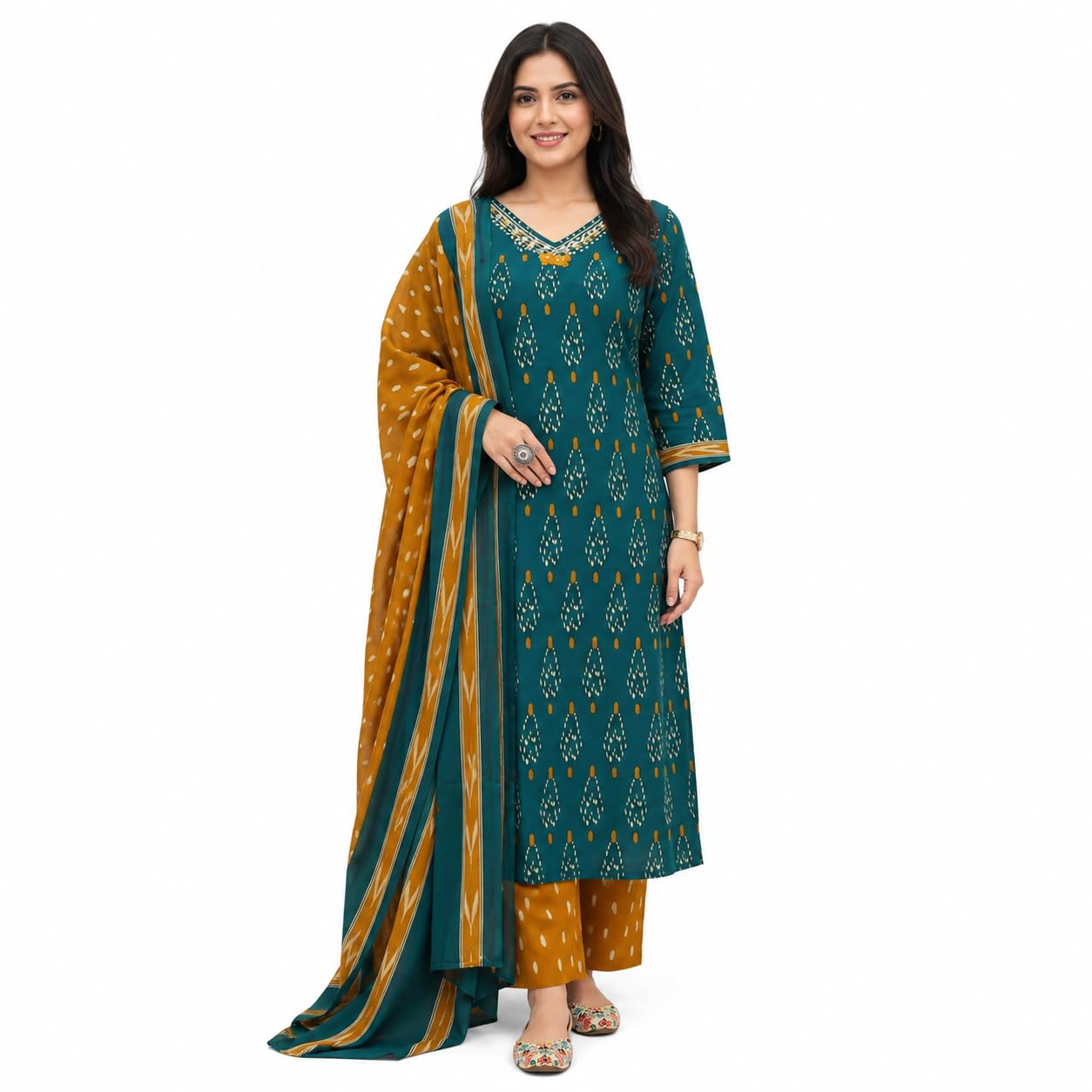Women's Printed Kurta Pant Dupatta Set | Ethnic Straight Kurta with V-Neck | 3/4 Sleeves | Traditional Indian Suit Set | Casual, Office, Festive-picture-23