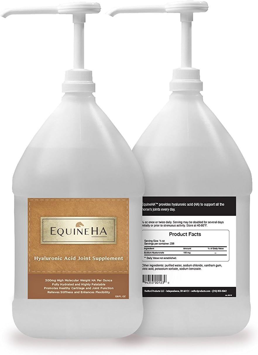 GREAT PRICE for best quality, fully-hydrated (liquid) HYALURONIC ACID joint supplement: Equine HA, 128 fluid ounces, with free pump