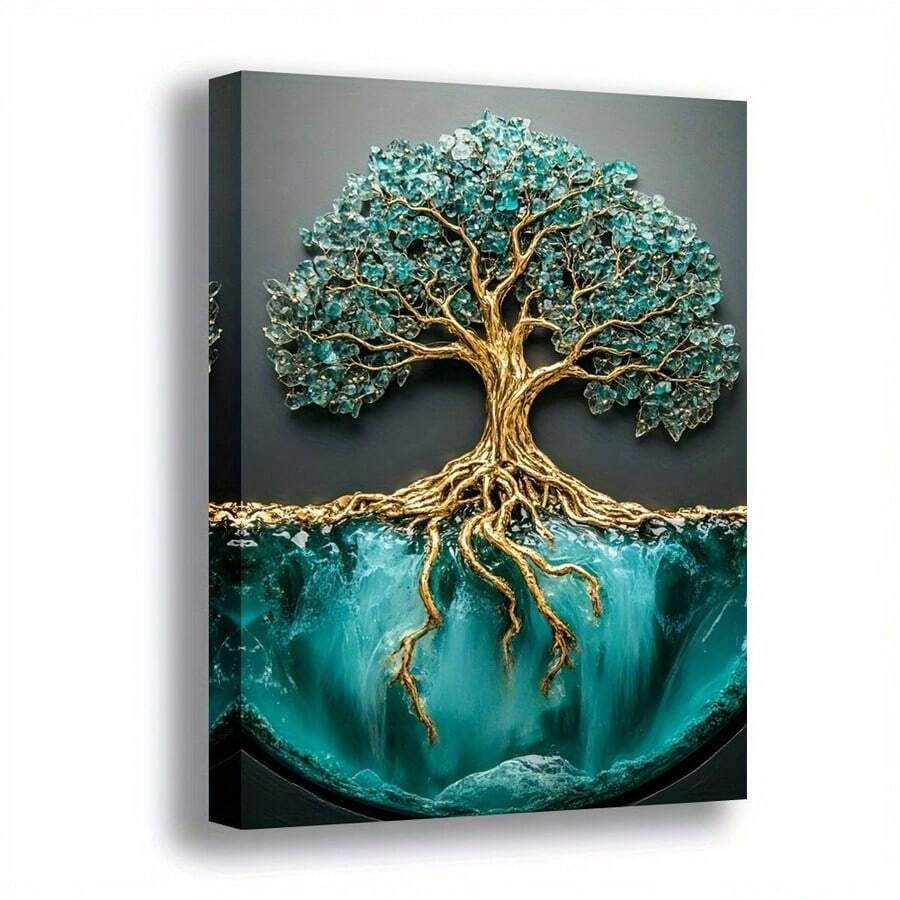 Toile arbre de vie bleu vert pour grand salon chic