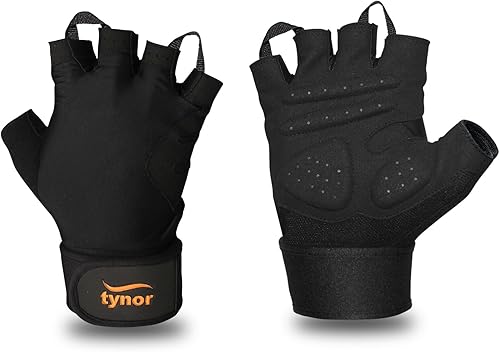 TYNOR Training Gym Gloves Padded Weight Lifting Gloves with Wrist Wrap Extra Grips Adjustable Full Palm Protection Fitness Fingerless Glove for Men