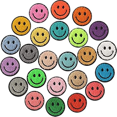 Juinte 24 Pcs Smile Face Patch Iron on Patches 2 Inch Chenille Cute Preppy Happy Face Patches Glitter Heat Sequins Applique for Backpacks Hats Clothes Jackets Decorative DIY Craft Cover