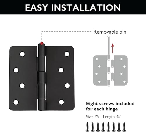 Miniatura 6 de Design House Bisagras para puerta interior, 4.0 in. x 4.0 in., Redondeado, 14-pulg Radio, Acero, Pre-Lubricado, Herrajes para Puerta, Negro Mate,