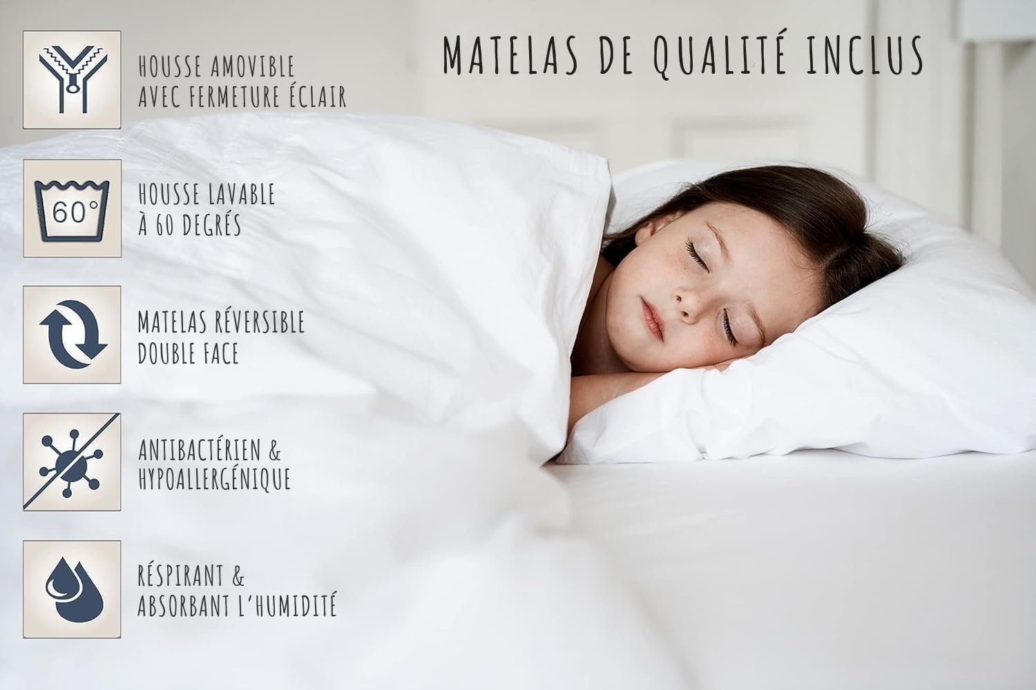 Lit bébé 70x140 avec tiroir, lit à barreaux, lit pour enfant, hauteur réglable et barreaux amovibles avec matelas | autres tailles : 60x120 cm | 70x140 cm : de la naissance jusqu'à 6 ans, blanc