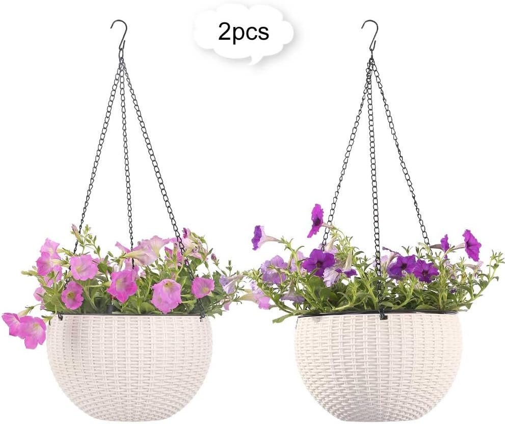 YANXUS Growers Hanging Basket, Indoor Outdoor Hanging Planter Basket, 8.9 in.Round Resin Garden Plant Hanging Planters Decor Pots, Set of 2 (White)