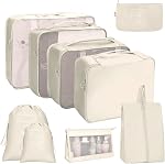 9 Ensemble Cubes d'emballage pour valises, Organisateurs de bagages de voyage, avec sacs de rangement de vêtements, Sac de toilette, Sac à chaussures, Sac sous-vêtements, Sac pour blanchisserie, Sac chausson, Accessoires de voyage (Beige)