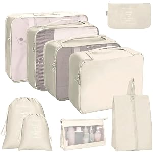 9 Set Packing Cubes for Suitcases, Travel Luggage Organizers, with Clothes Storage Bags, Toiletry Bag, Shoe Bag, Underwear Bag, Laundry Bag, Sock Bag, Travel Accessories (Beige)