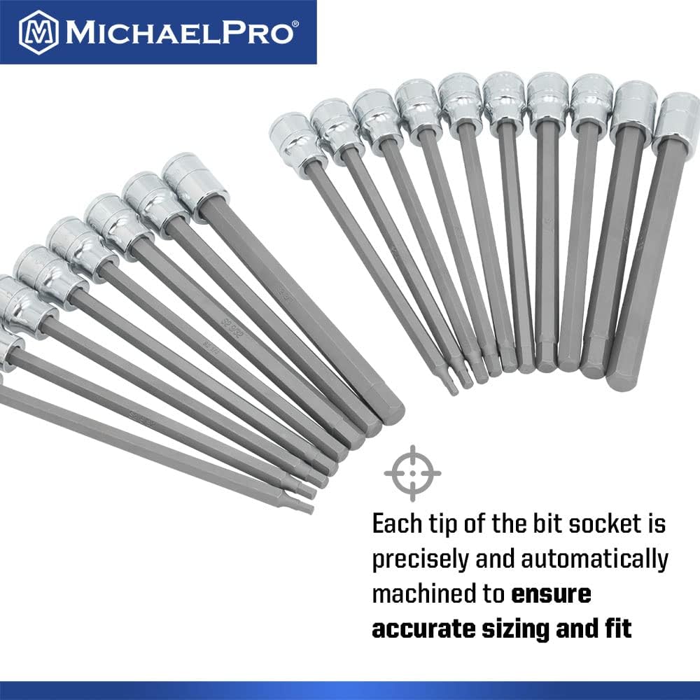 MichaelPro 18-Piece 3/8'' Drive Long Hex Bit Socket Set, SAE & Metric (1/8" - 3/8", 3-10 mm), 6-Inch Length for Deep Reach, High Torque Resistant CR-V and S2 Steel, Storage Case Included - MP012020