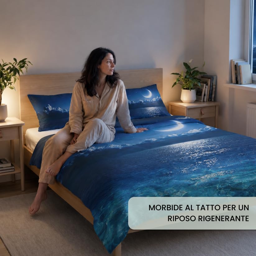 INTRECCI Set Completo Lenzuola Matrimoniali 100% Cotone | Fantasia: Dis.04 Sea Moon | Stampa Digitale di Alta Qualità | Morbido, Traspirante, Per Pelli Sensibili | Resistente in Lavatrice