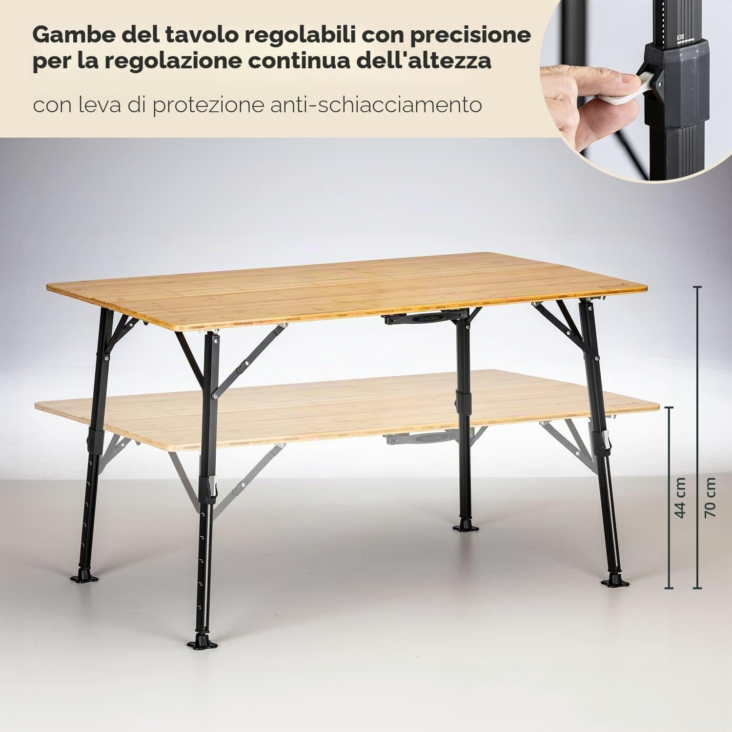 Skandika Tobro Tavolo da campeggio pieghevole | piano in bambù, regolabile in altezza, capacità di carico di 100 kg, resistente alle intemperie, borsa per il trasporto (120x70x70cm)