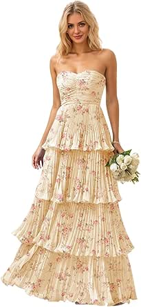 Mollyevers Strapless Ruffle Prom Dresses for Women Long Flowy Tiered Chiffon Formal Evening Gowns