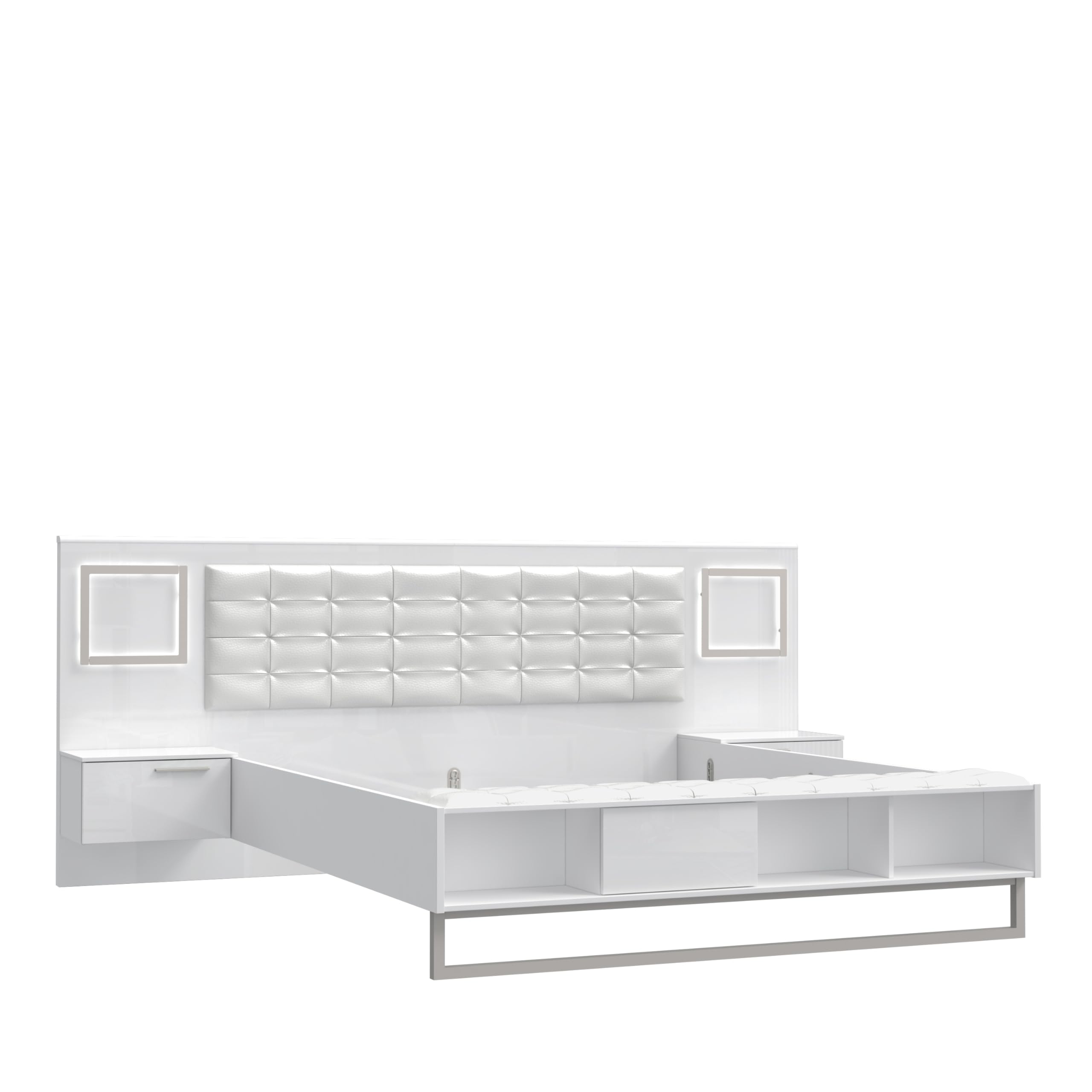 Forte Sirius Crown Bett 280 290, modernes Bett + 2 Nachtkommoden mit 2 Schubladen, weißes Bettgestell, Holzwerkstoff, Weiß/Weiß Hochglanz, 287 cm breit x 119,7 cm hoch x 234,7 cm tief