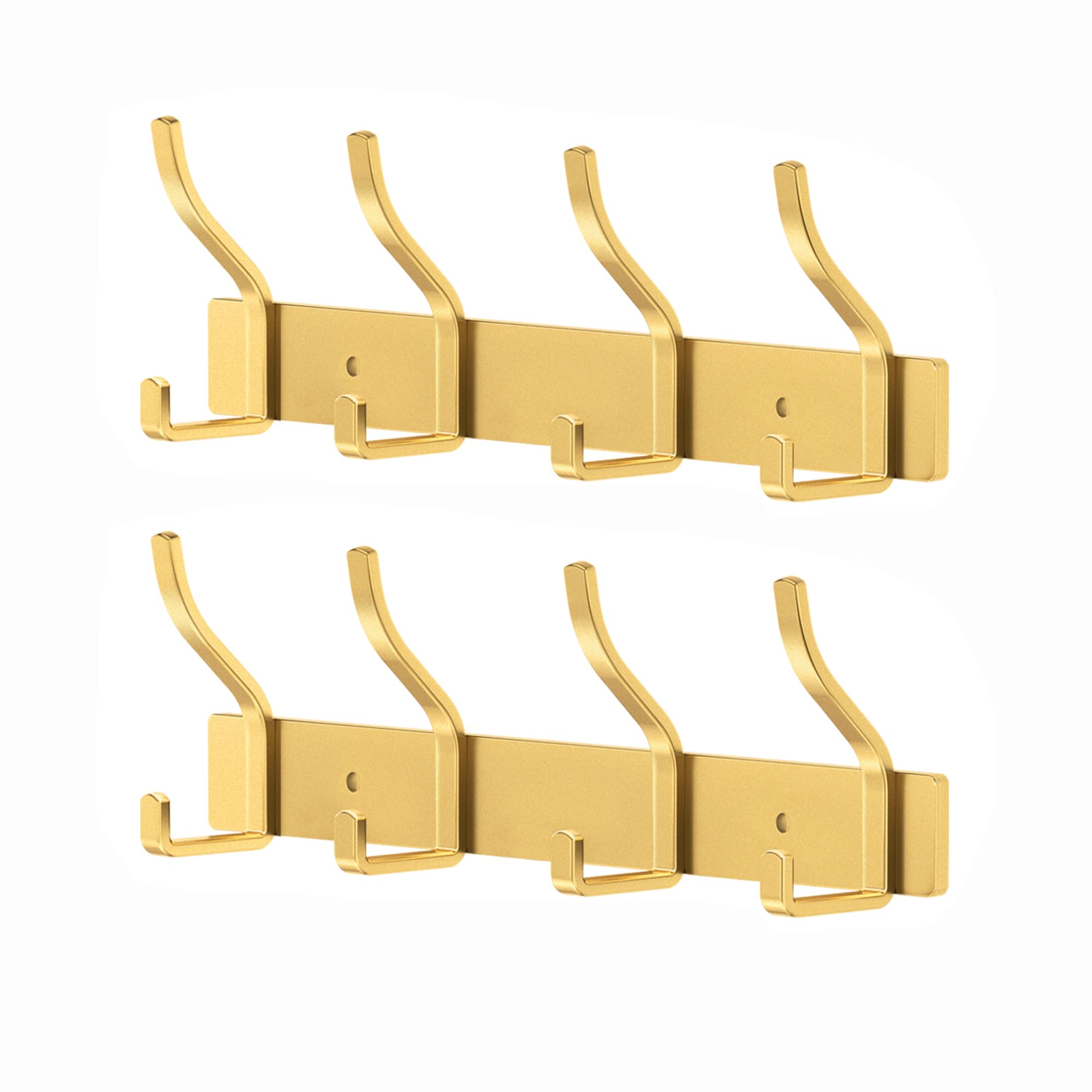MEIJO Coat Hooks Wall Mounted Stainless Steel, Gold Coat Rack Wall Mounted with 4 Hooks Heavy Duty Coat Hooks for Door, Bathroom, Bedroom, Kitchen (Gold, 4 Hooks, 2Pack)
