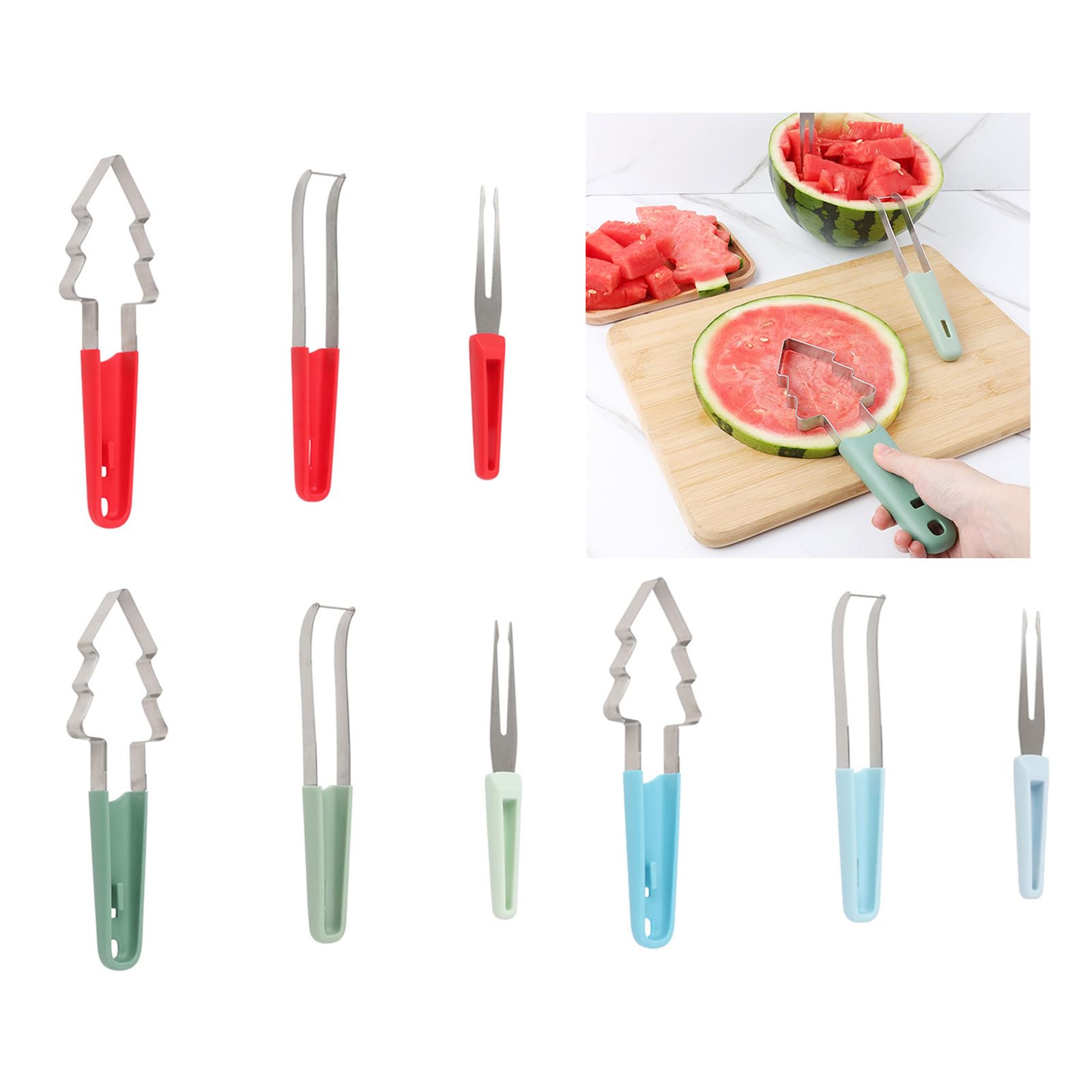 Green Three In 1 Watermelon Slicer With Stainless Steel Fork And Square Cutter Easy To Use Fruit Tool For Fruit Platters