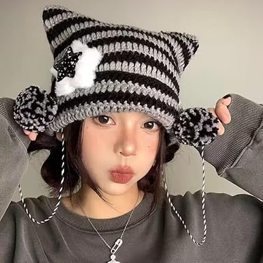 Y2K czapka z kocimi uszami Gyaru Emo szydełkowane czapki