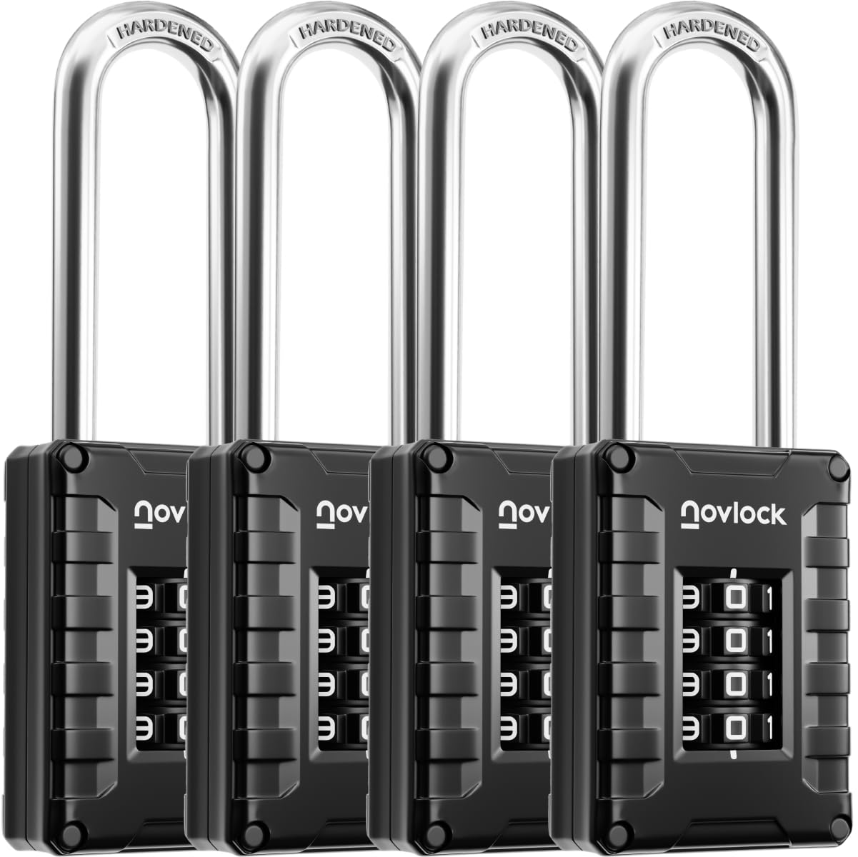 NOVLOCK 2.76" (7 cm) Long Shackle Combination Padlock – Extra Long, Hardened Steel – 4-Digit Code Lock for Lockers, Cabinets, Storage, Fences, Gates & Sheds – 4-Pack, Black