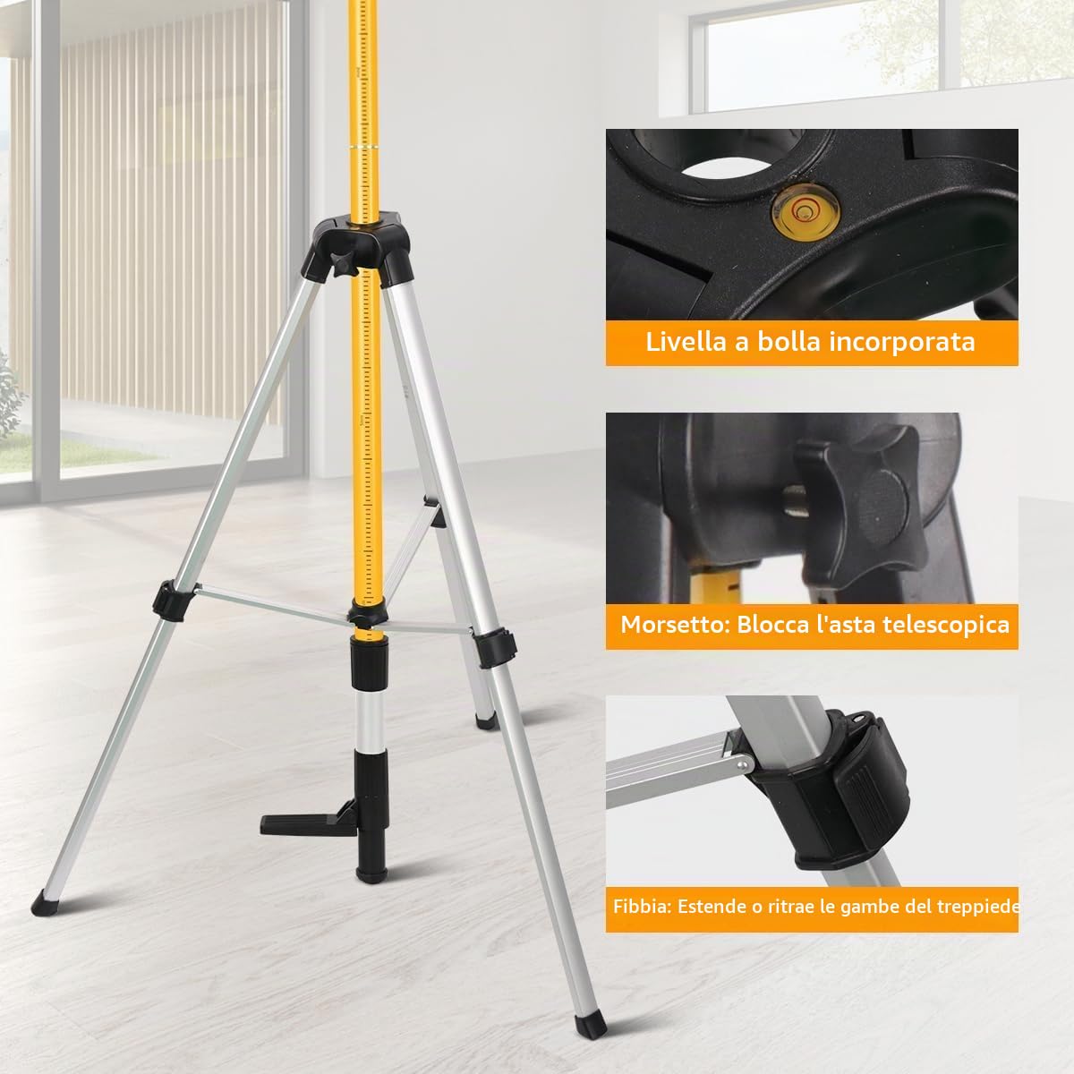 Asta telescopica per livellamento laser con treppiede, allungabile fino a 4,2 m, con supporto laser da 1/4" x 20", con dado adattatore da 5/8"-11