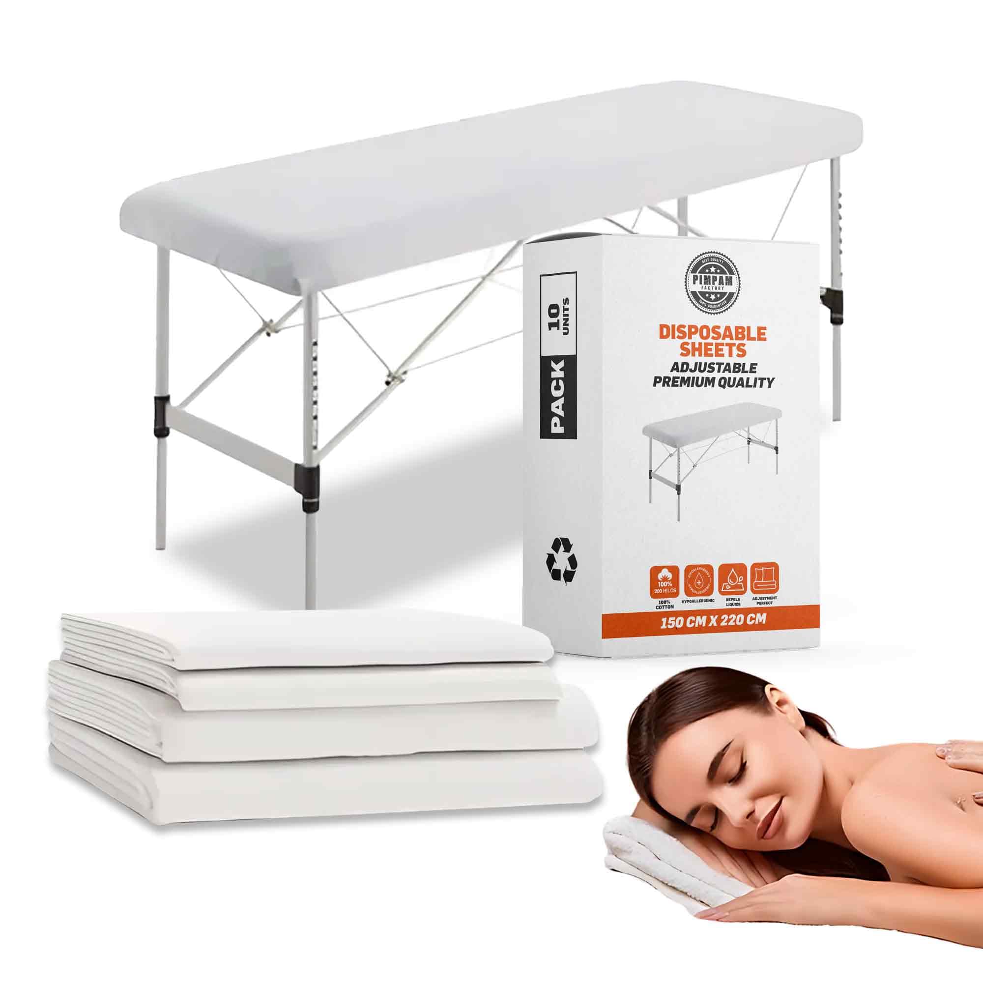 PimPam Factory - Disposable Fitted Sheet - Non-Odourless TNT - Repels Liquids - Massage Table Mattress Protector 150 x 220 cm - Recyclable Disposable Mattress Protector - Made in Spain - Pack of 10