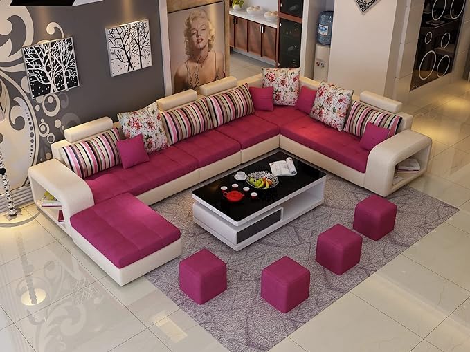 Image of Torque Allister 12 Seater Sofa Set for Living Room (Pink) | Interchangeable U Shape Sectional Sofa | Solid Wood Frame & High-Density Supersoft Foam | Includes Puffy & Stool | Modern Home Furniture