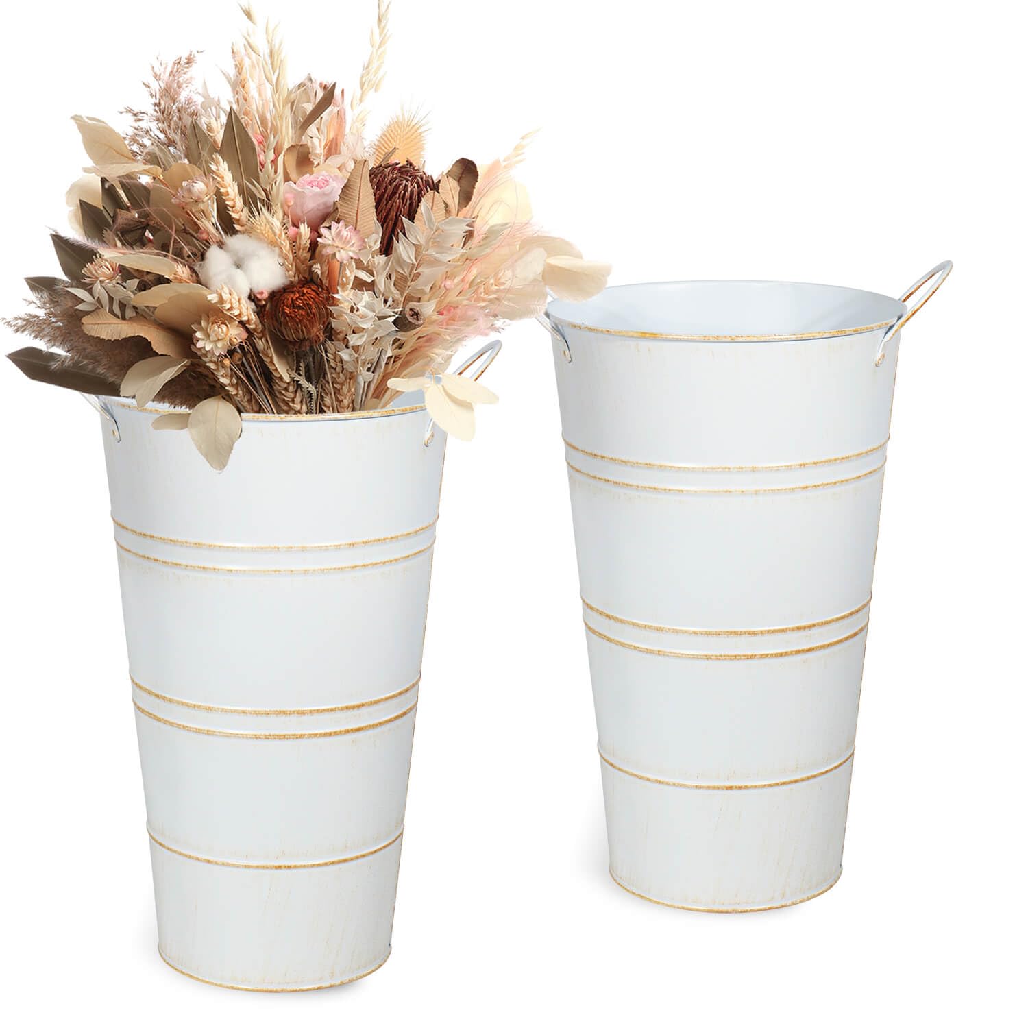 ( similar) vensovo 12 Inch Galvanized Metal Vases for Flowers - 2 Pcs Farmhouse Decorative Tall Flower Bucket with Handles, Rustic French Tin Planter Buckets for Wedding Decor (White)