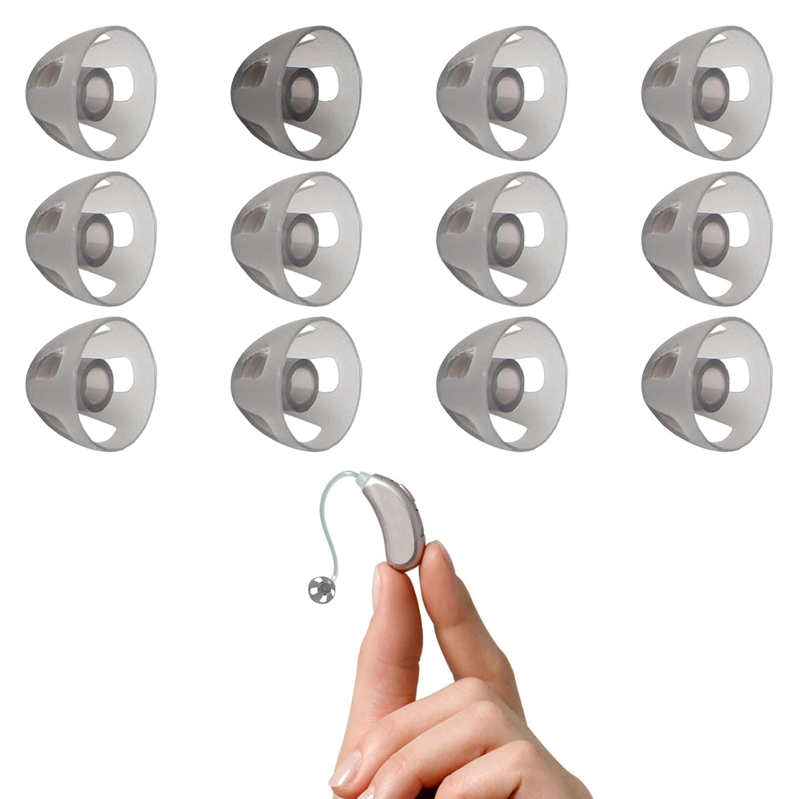 Hearing Aid Domes,12 PCS Soft Silicone Hearing Aid Open Domes,12mm Hearing Aids Earbuds,Transparent Black Ear Tips Replacement, Hearing Aid Domes for Phonak Oticon Signia Oticon Hearing Aid（Size L）-image-7