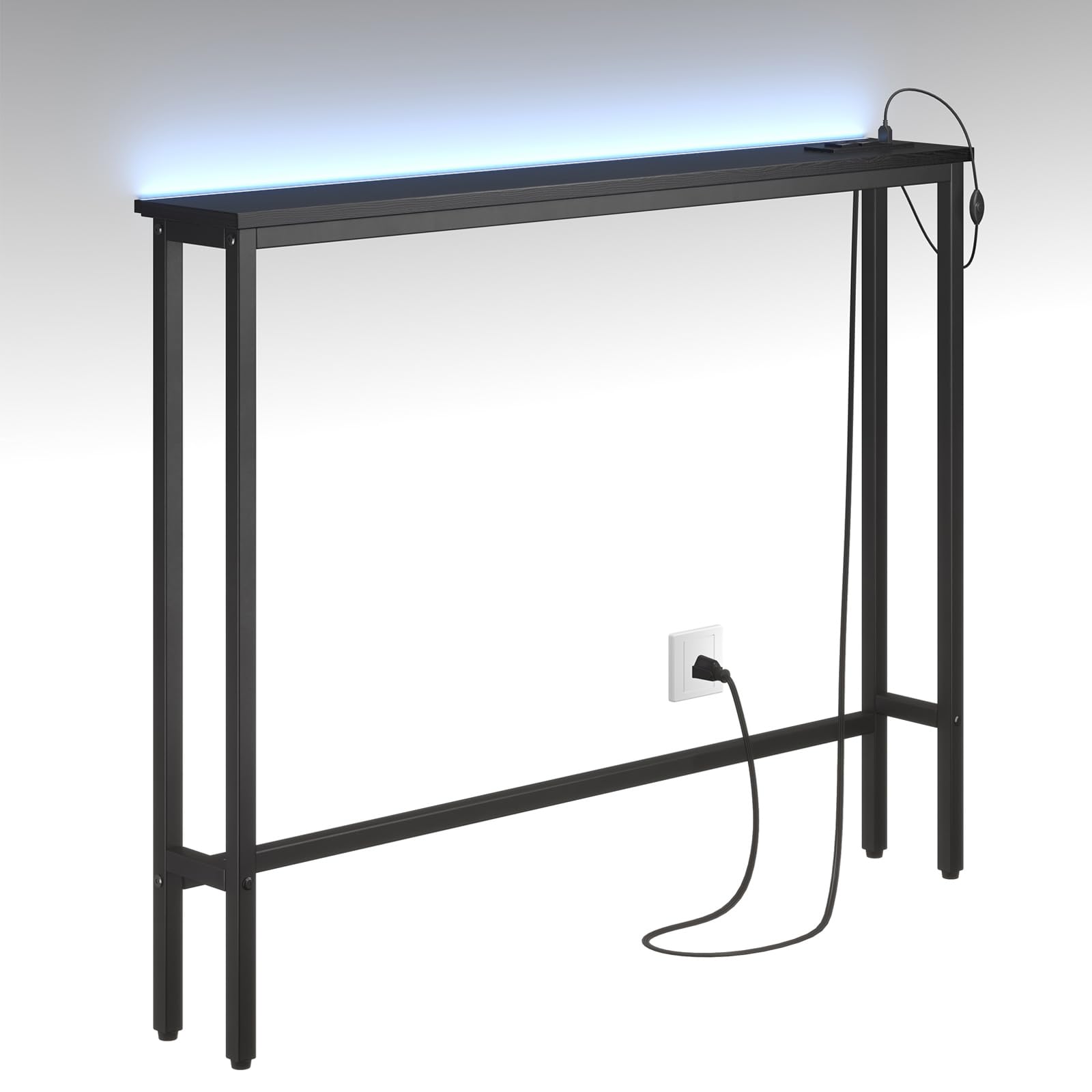 ELYKEN 5.9" Narrow Console Sofa Table with 7 Colors LED Light Strip, 5.9" Dx39.4”Wx31.1”H Long Behind Couch Table with Power Outlet&USB Port, Skinny Table Metal Frame 6.5’ Power Cord