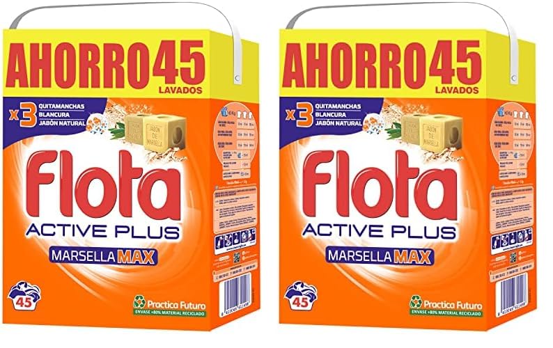 FLOTA | Marsella Max | Detergente Lavadora en Polvo | Ropa Blanca y de Color | Antimanchas y Antiolores | 45 Lavados (Paquete de 2)