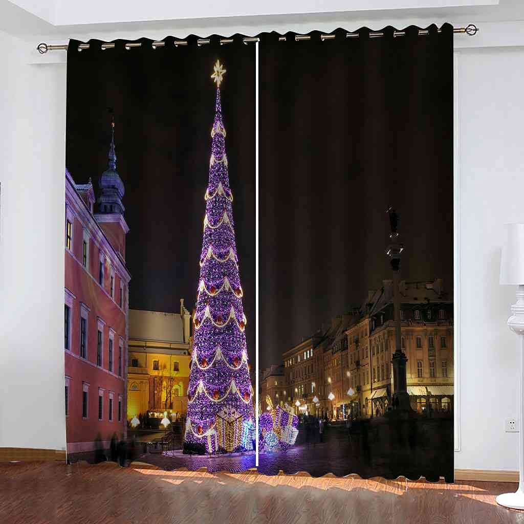 Rideau occultant violet motif sapin de Noël 3D en lot de 2 oeillets 264x242 cm