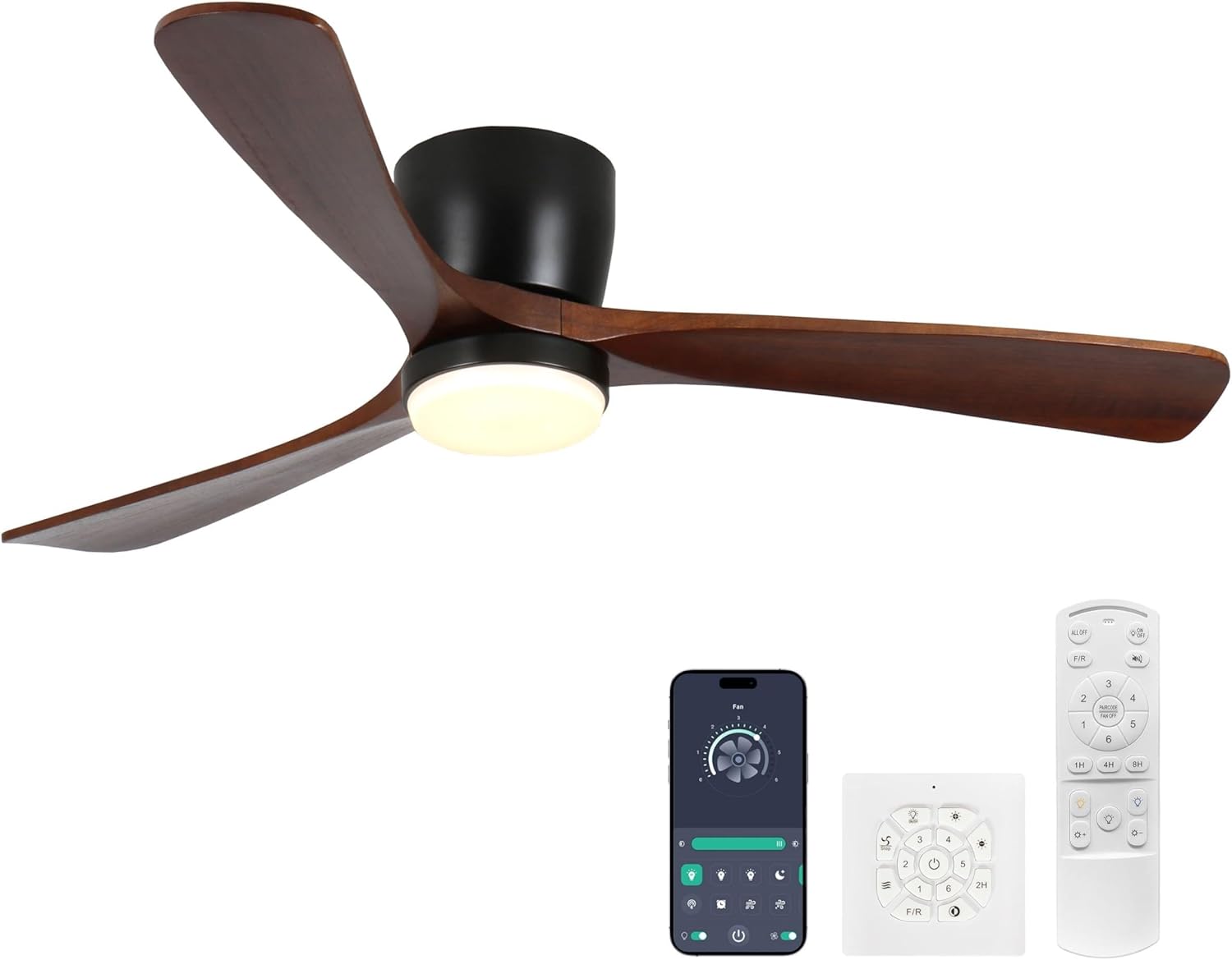 Ceiling Fans with Lights and Remote Control, 52 Inch Solid Wood Blade, Low Profile Flush Mount, LED Dimmable DC Reversible Modern Ceiling Fans with APP Control for Bedrooms, Living Rooms, Patio, Black