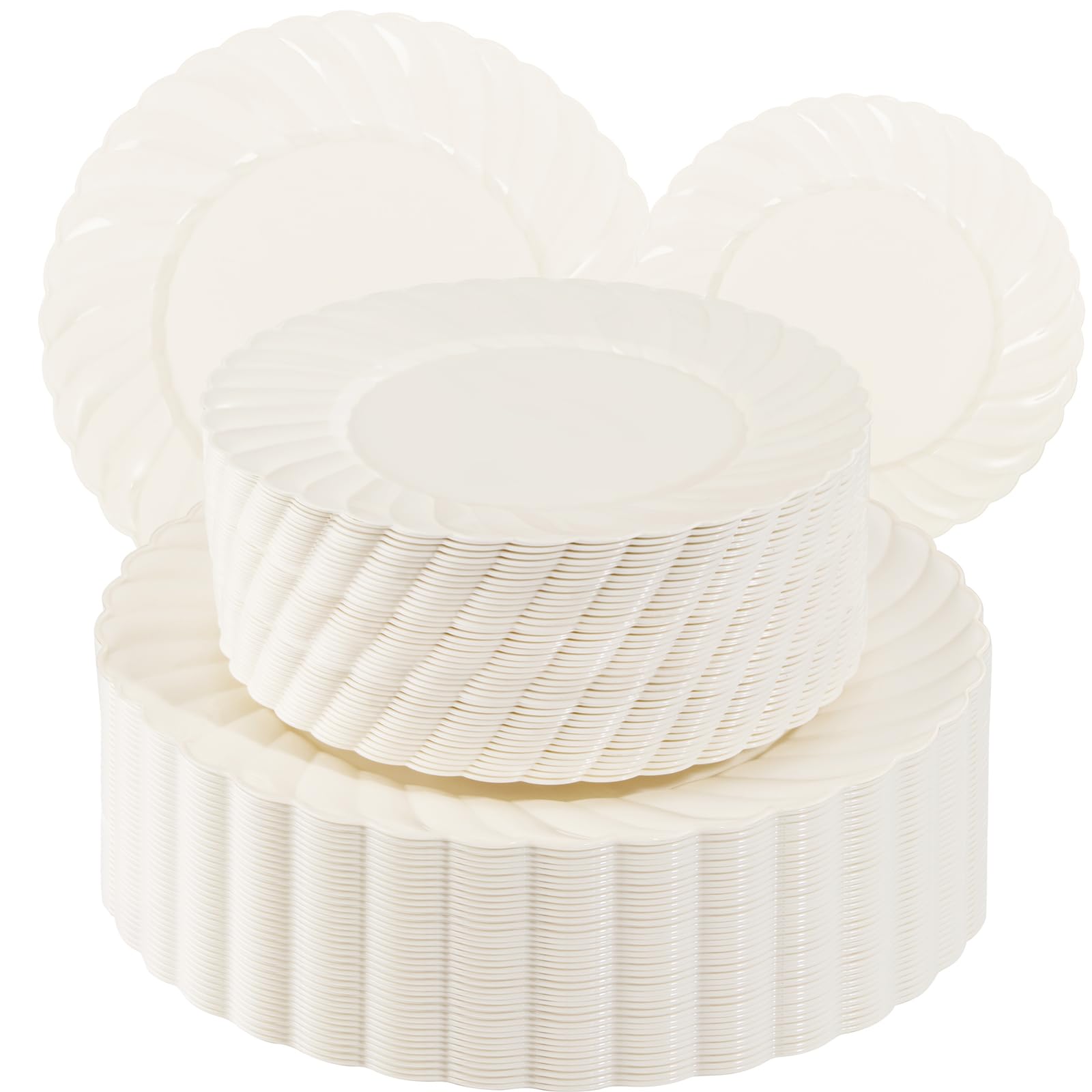 U-QE 100 Piece Ivory Scalloped Plastic Plates for Party - Plastic Plates Disposable Heavy Duty - High End Disposable Plates for Wedding Including 50PCS 9 '' Dinner Plates & 50PCS 6.5 '' Dessert Plates