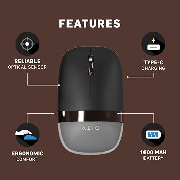 Azio IZO Wireless Optical Mouse - Bluetooth 3.0 & 5.0/2.4G RF-USB, Ambidextrous Design, PixArt PAW3212 Sensor, 1000/1600/2400 DPI, Rechargeable, PC & Mac