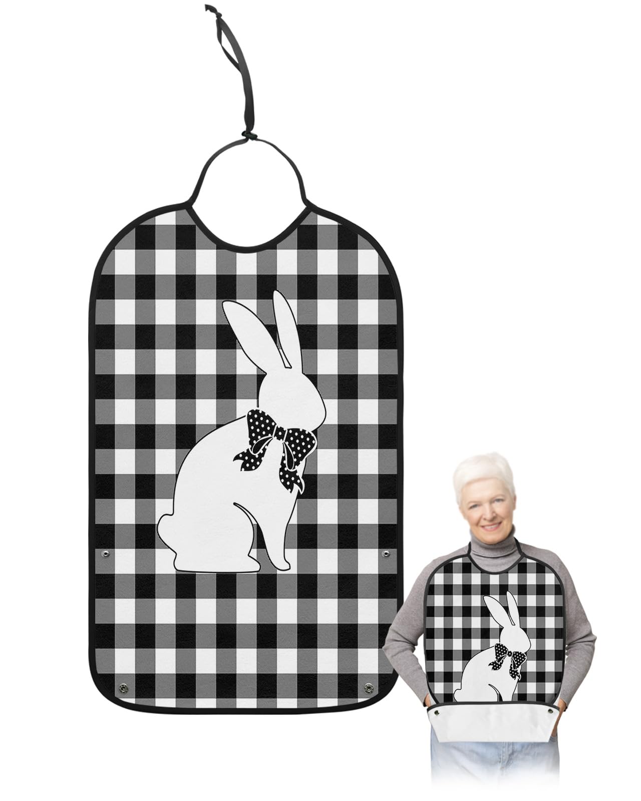Spring Easter Adult Bibs for Eating, Waterproof Bibs with Food Catcher & Adjustable Snap Closure, Bunny with Polka Dot Bow Knot on Black and White Checkered Clothing Protectors Adult Bibs for Elderly