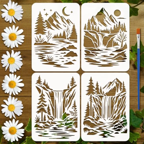 FINGERINSPIRE 4PCS Pochoirs Montagnes Cascades avec 1Pc Pinceau 21x29.7cm Pochoris Paysage...