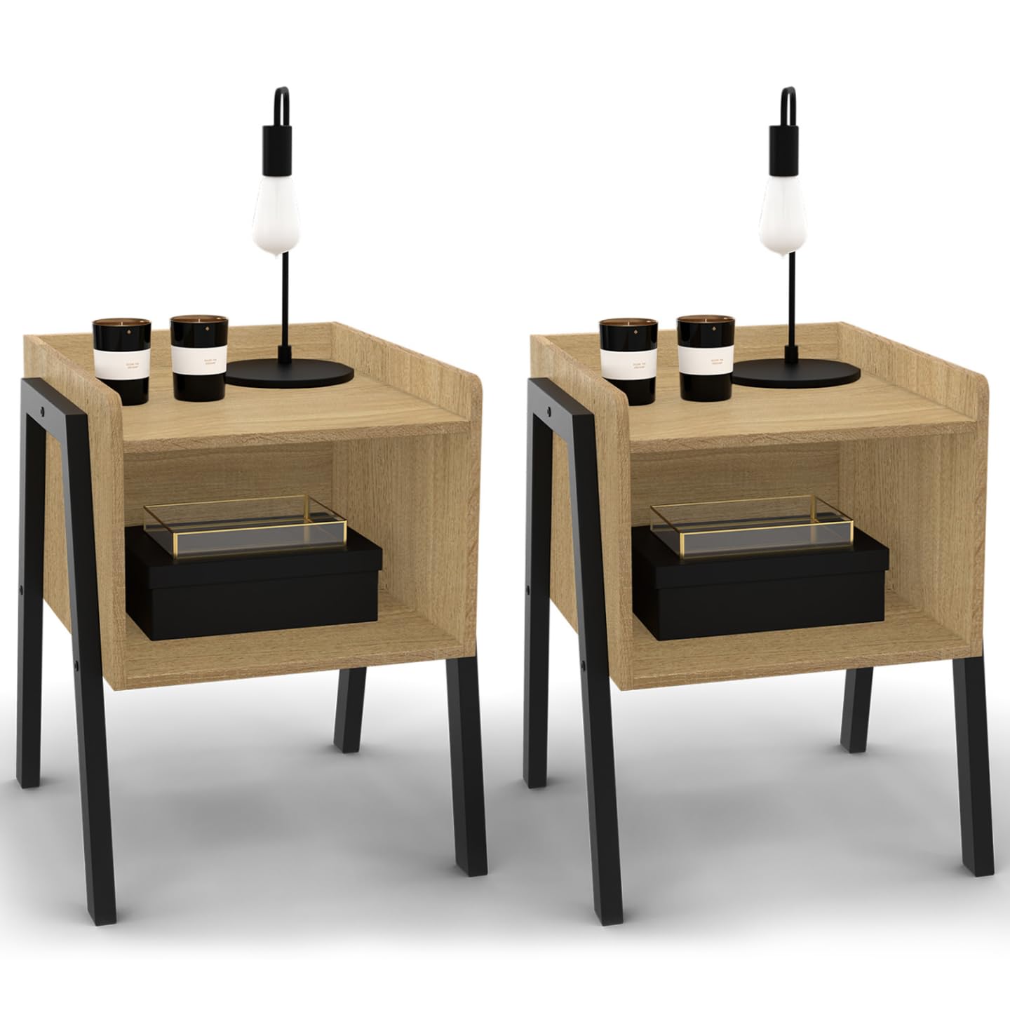 IDMarket - Lot de 2 Tables de chevets DALAT Bois et Pieds métal Noir
