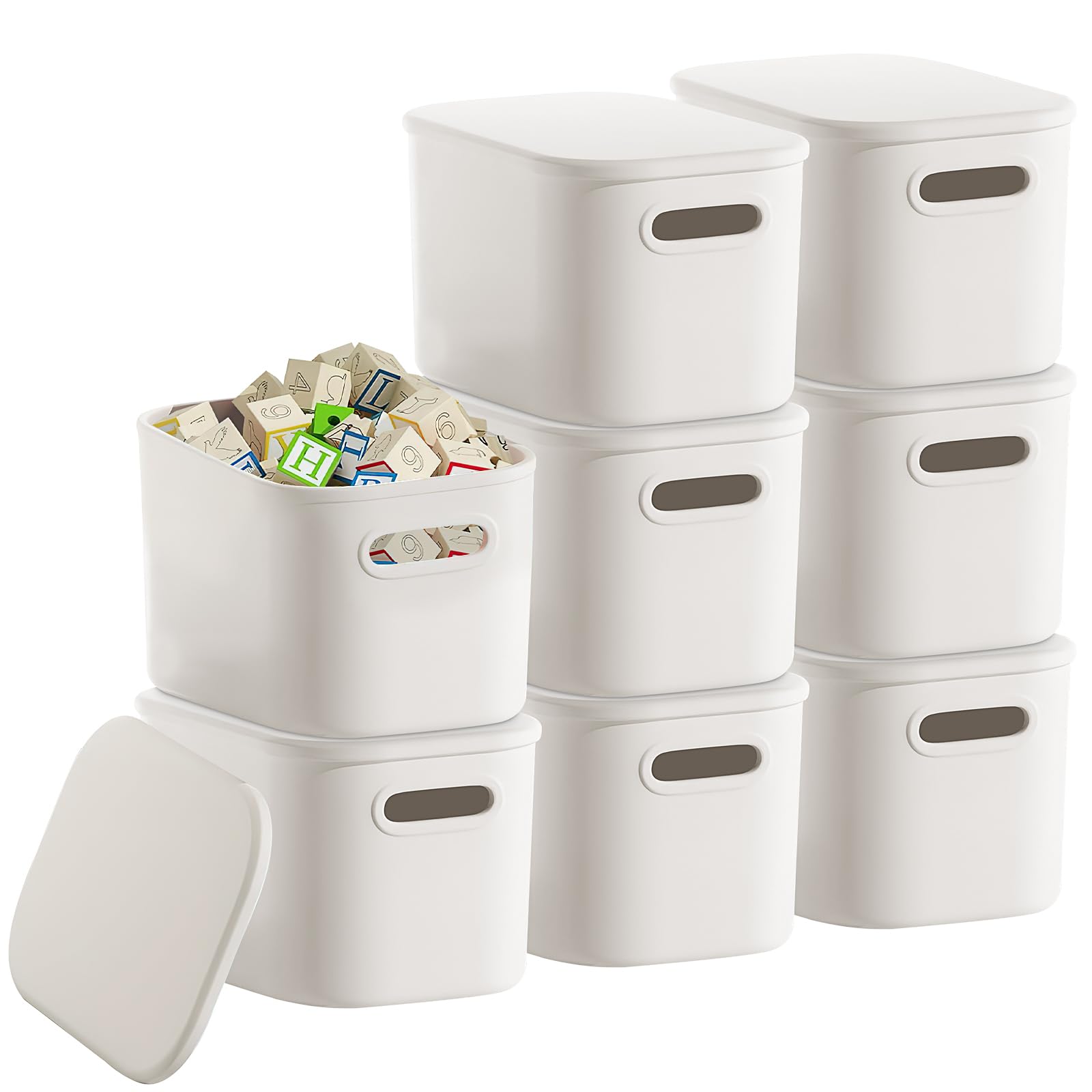 Lot de 8 Boîtes de Rangement en Plastique 8 L, Empilables avec Couvercles | Bacs Blancs avec Poignées, Anti-Poussière, pour Cuisine, Placards, Salle de Bain, Bureau, Tiroirs et Étagères