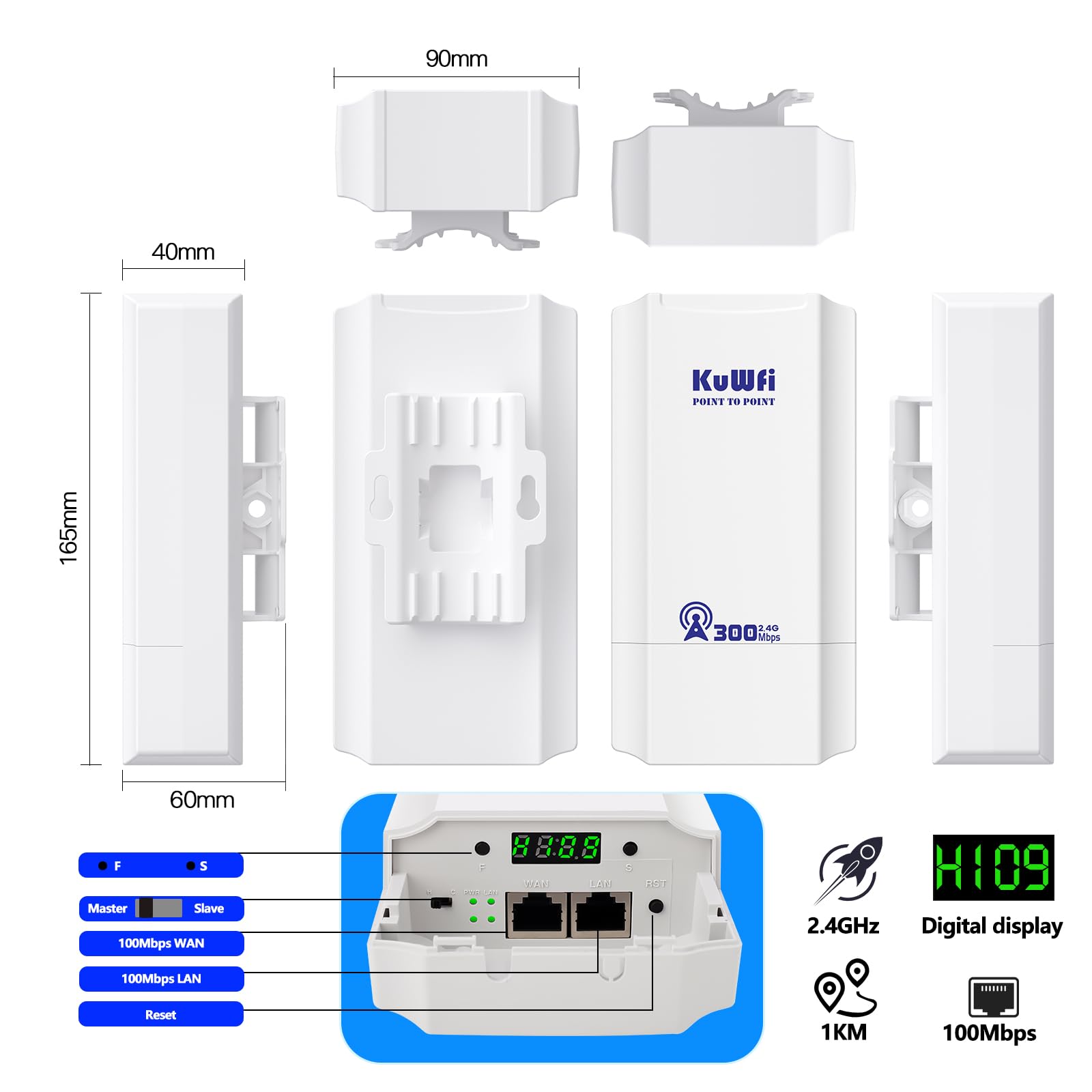 Externer Zugriffspunkt, KuWFi 2.4G Wireless Brücke 300Mbps,8dBi Externe Wifi Antenne CPE mit LED-Display zur Konfiguration des WDS PT/PTMP,1KM Long Range Point to Point WiFi für Übertragung/Kamera