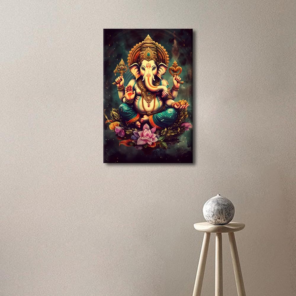 TISHIRON Hindu Lord Ganesha Wall Art for Living Room Hindu God Wall Decor India Religious Framed Wall Painting Canvas Prints Pictures House Decoration for Bedroom Modern Artwork Office 24x16 in - Image 3