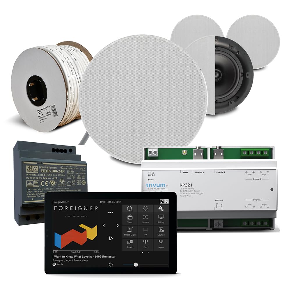 – Trivum 2-Zone Smart Home Sound System with Ceiling Speakers, Multi-Zone Amplifier, Smart Touch Control and DAB+/FM - Complete Multiroom Ceiling Speaker System Package, Multiroom Speaker System